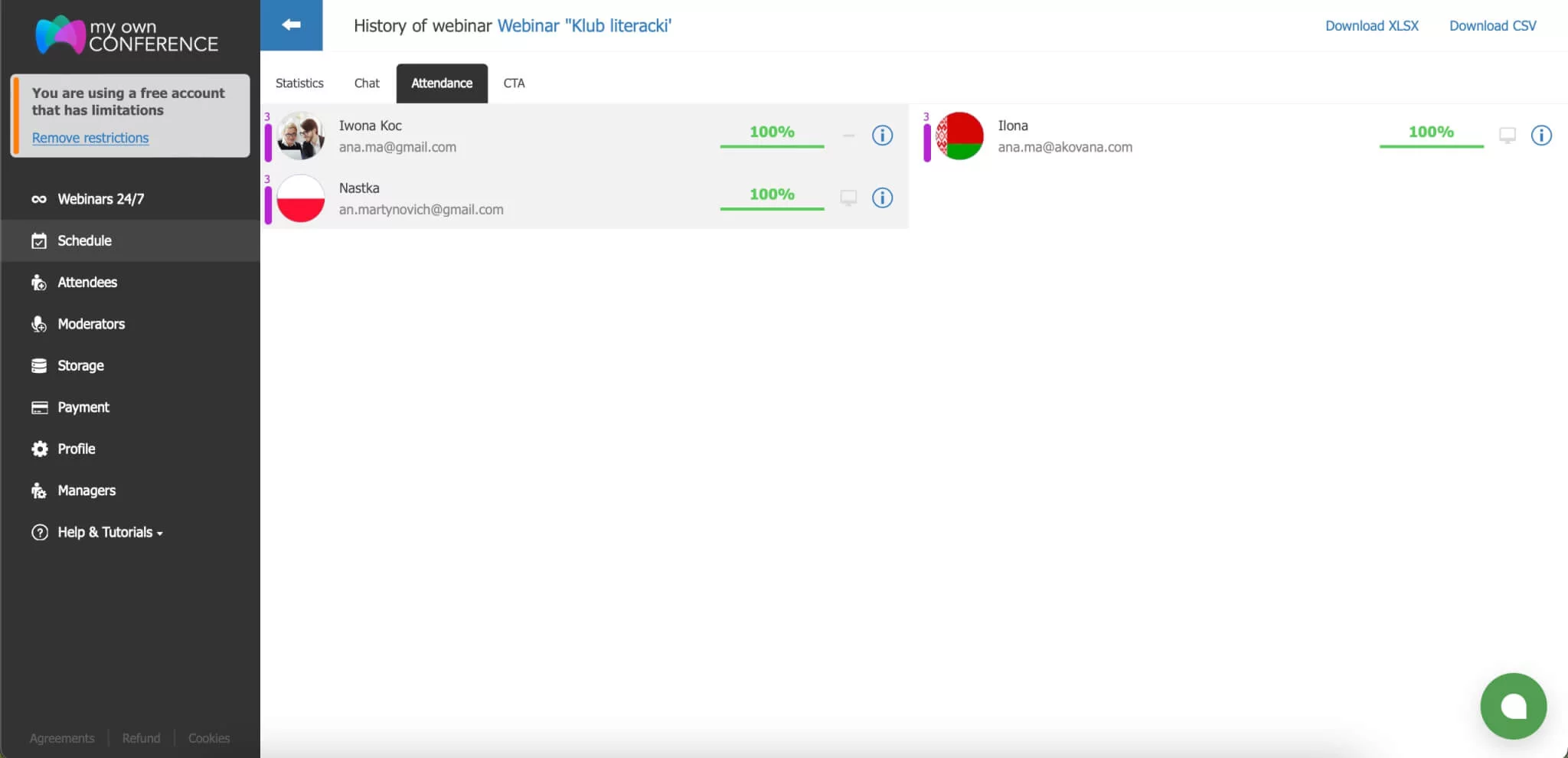 Attendee History and Engagement Tracking in Webinar Analytics Dashboard showing attendee history and engagement metrics during an online webinar