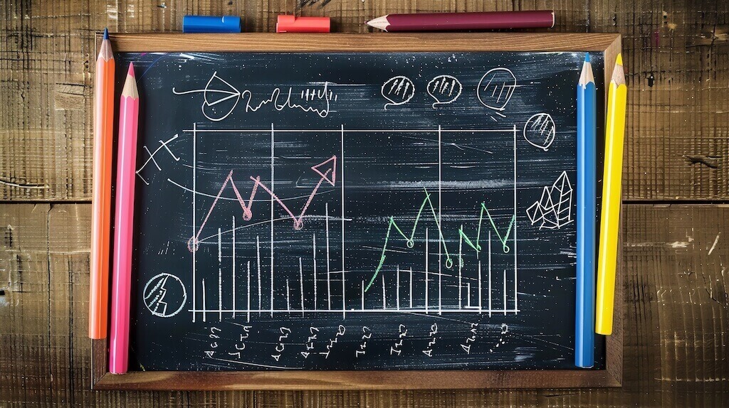 Hand-drawn graphs and charts on a chalkboard with colored pencils, serving as a creative graph example for webinar presentations