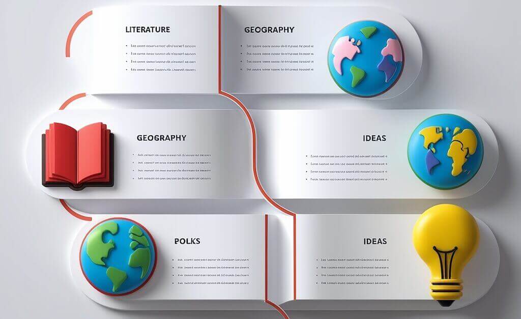 Colorful infographic layout with 3D icons for literature, geography, and ideas — a creative visual content example for webinars