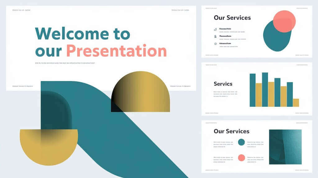 Minimalist presentation slide deck showcasing services and charts, providing an example of effective slide design for webinars