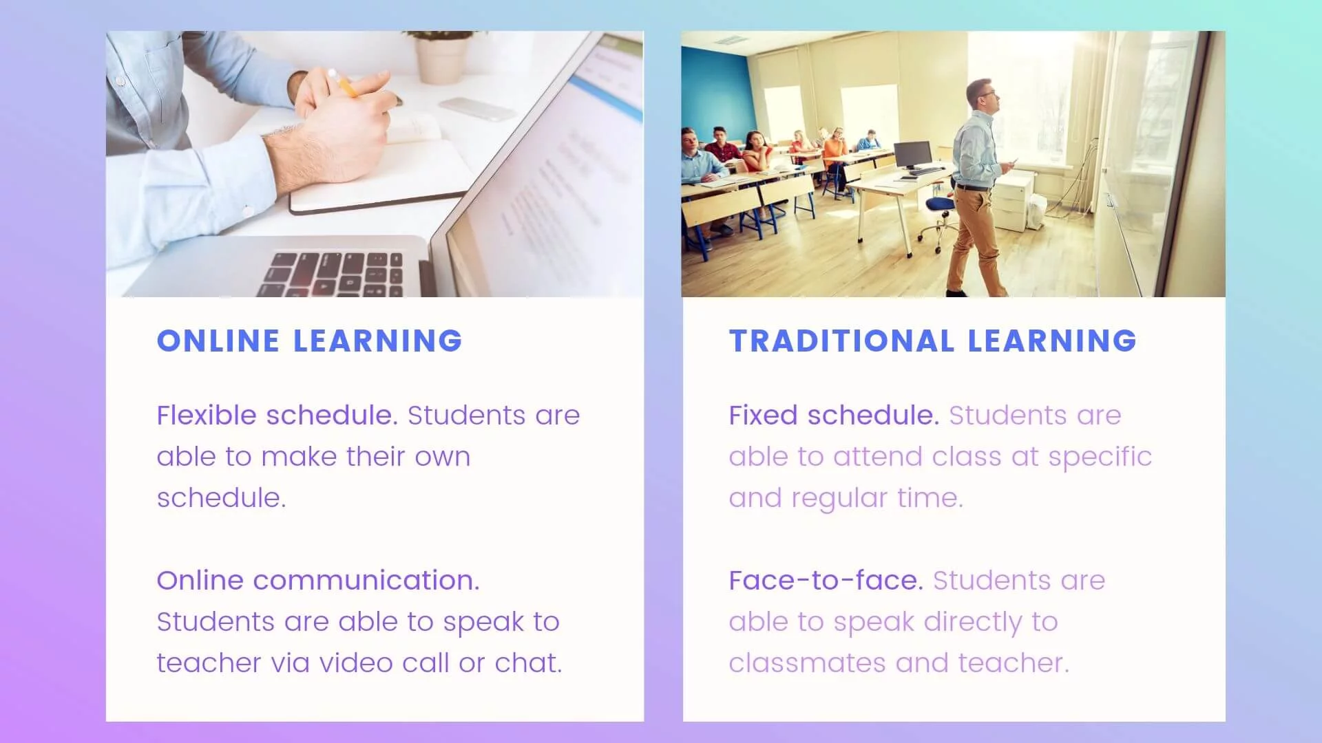 Traditional vs. online learning: Pros and cons.