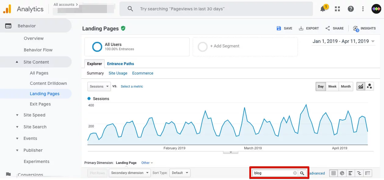 Google Analytics — Search keyword"blog".