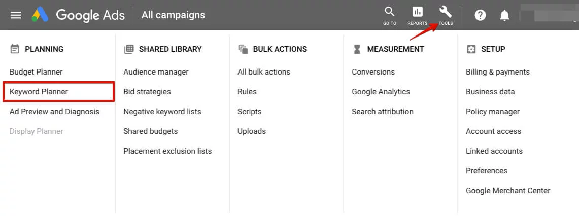 Google Analytics — Keyword planner