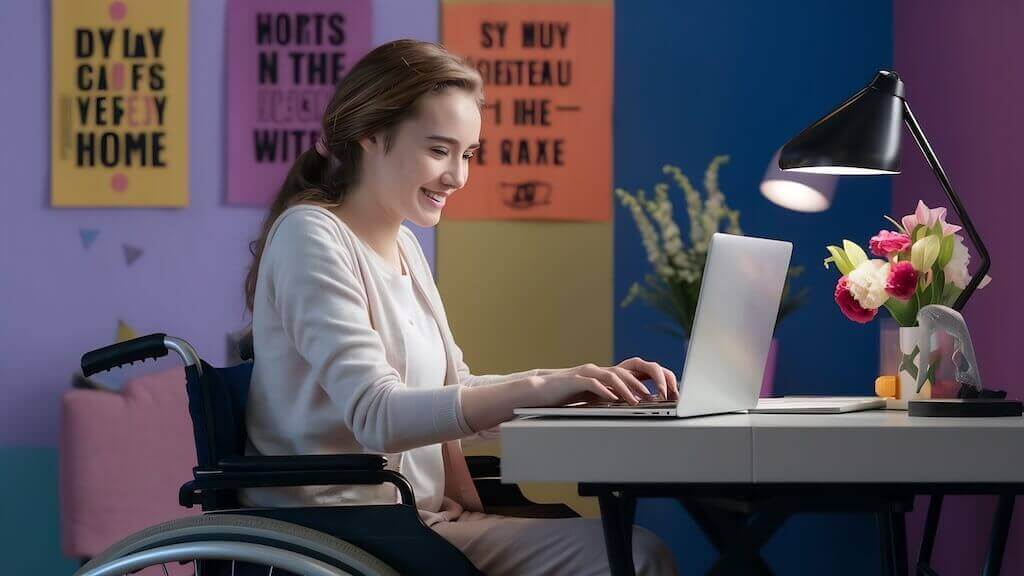 Smiling young woman in a wheelchair attending an inclusive online webinar from home