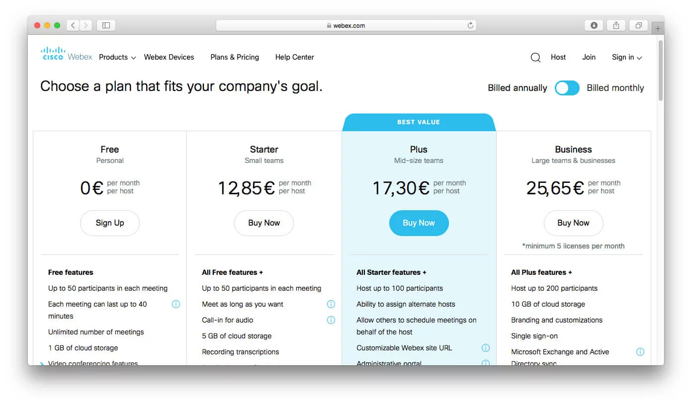 Webex pricing