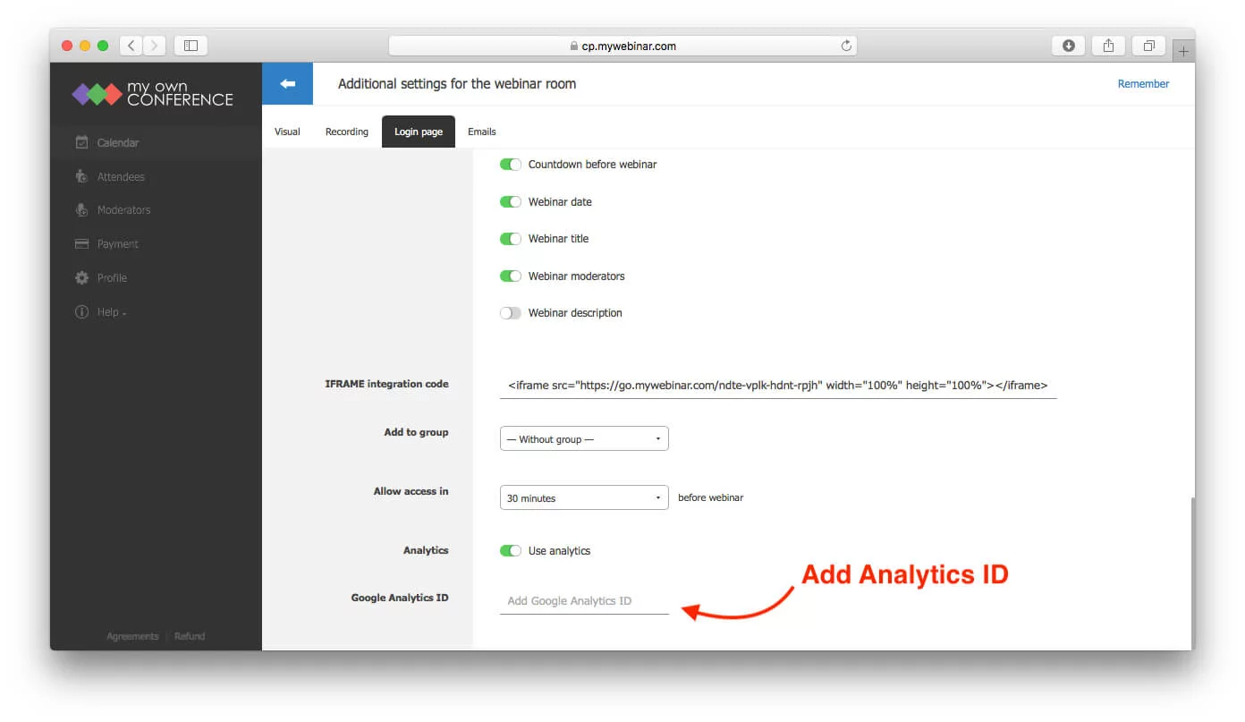 Tracking full webinar journey with analytics tools Add analytics id
