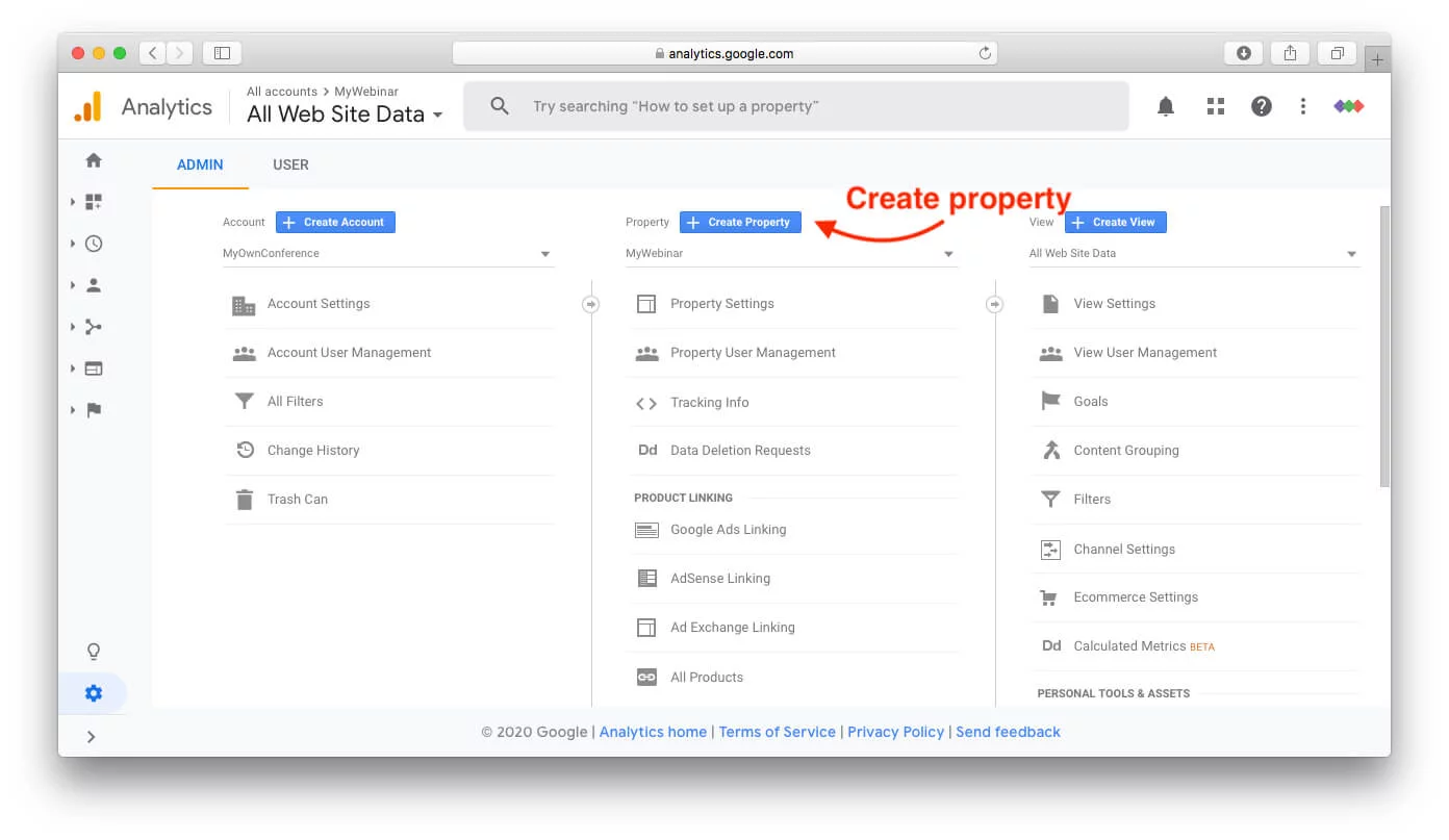 Seamless integration of Google Analytics with webinar tools Create property