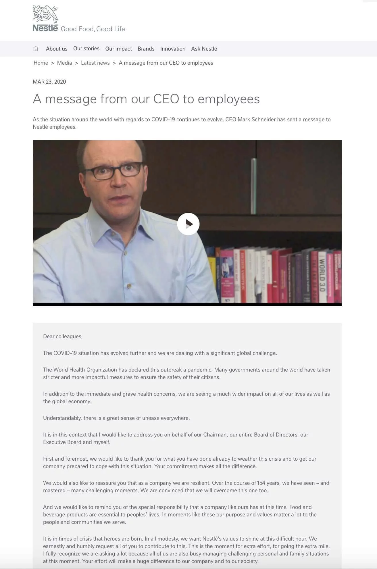 Nestle — A message from our CEO to employees.