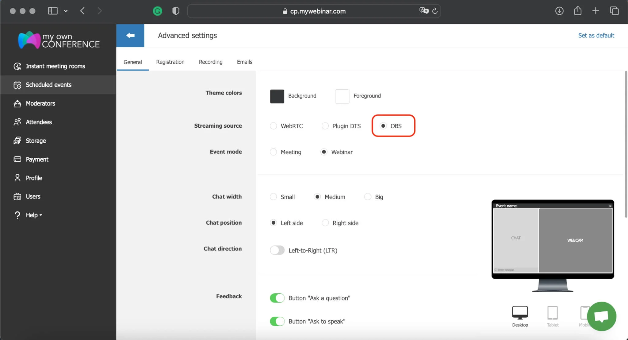 Checking layout and video quality before the broadcast Webinar layout preview before going live