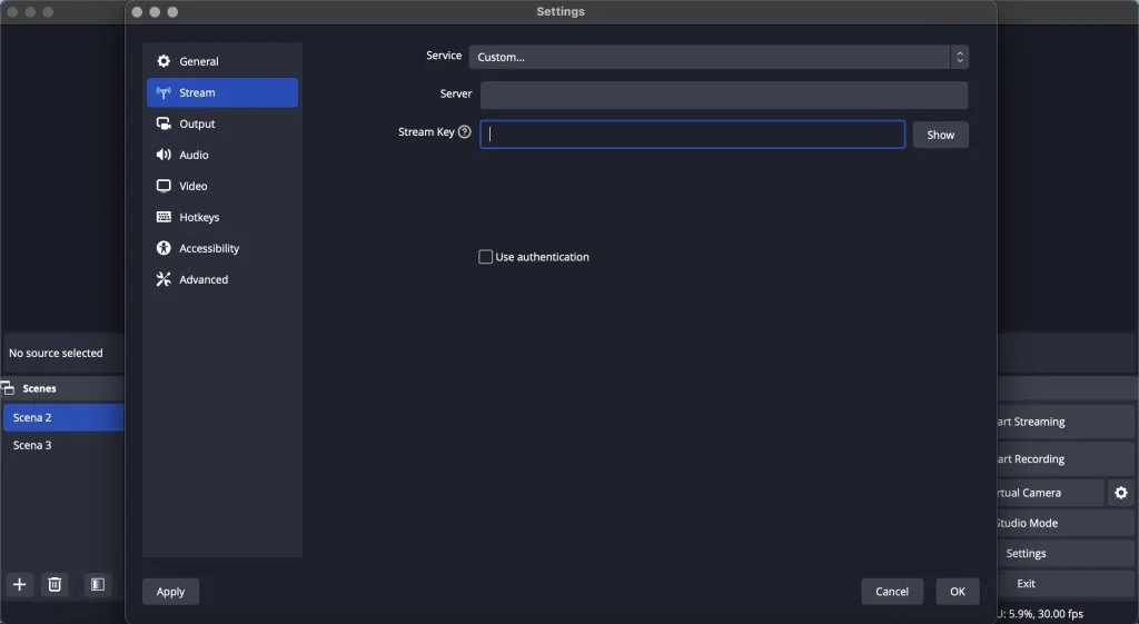 Server and stream key in OBS