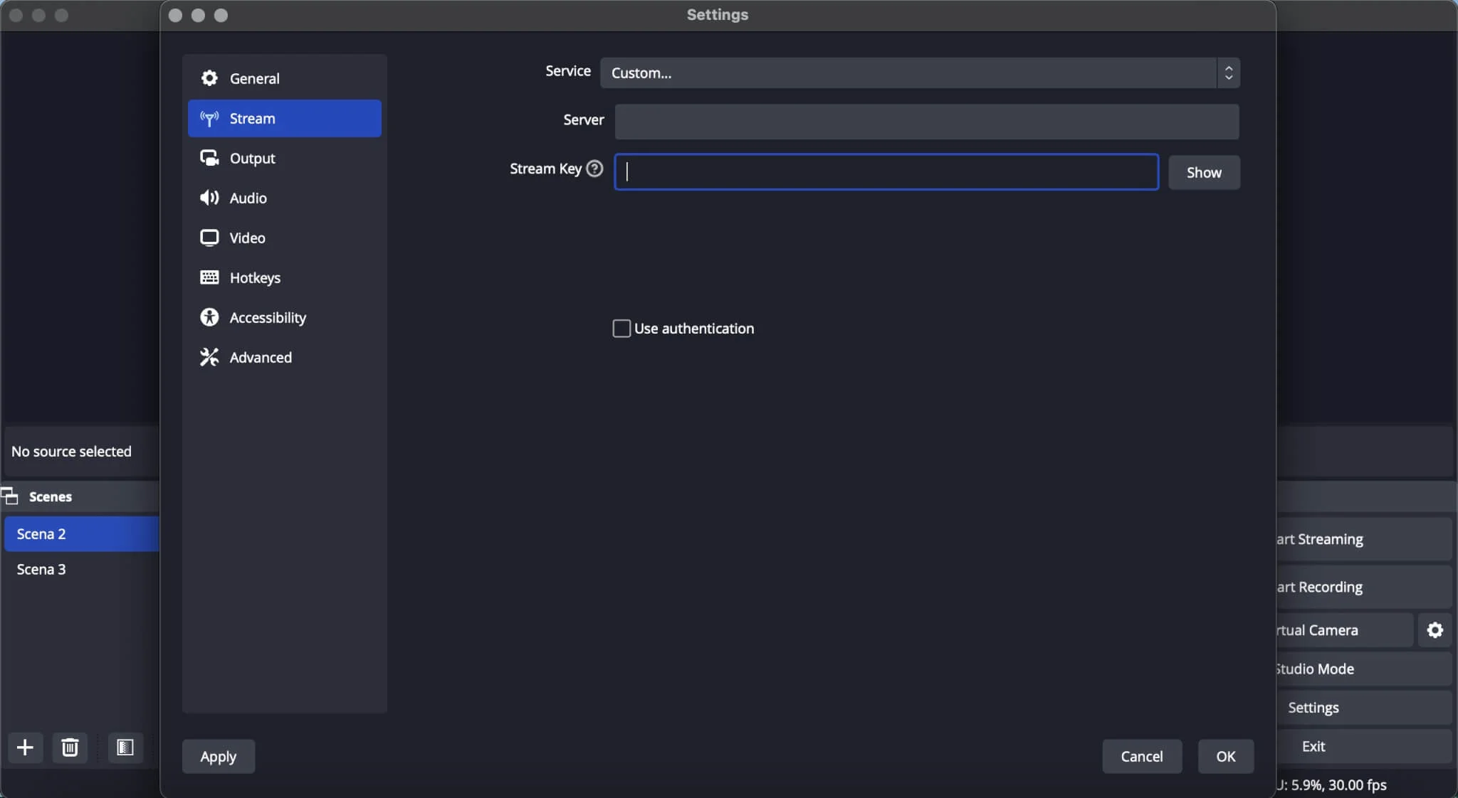 Entering RTMP URL to connect OBS with MyOwnConference Server and stream key in OBS