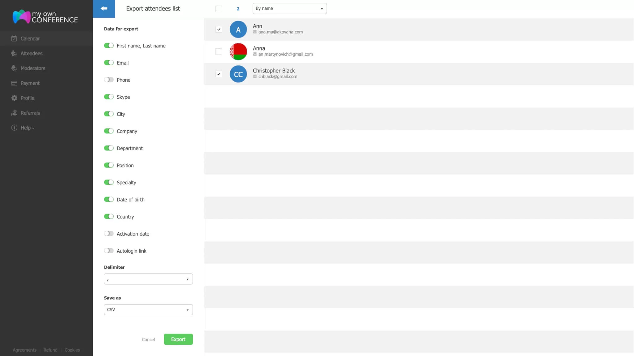 Attendees export