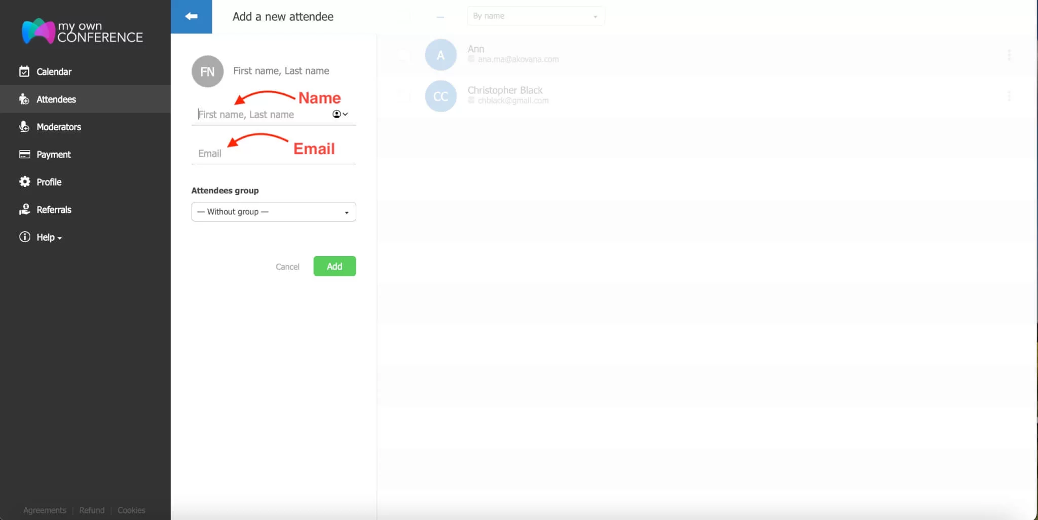 Attendee name and email