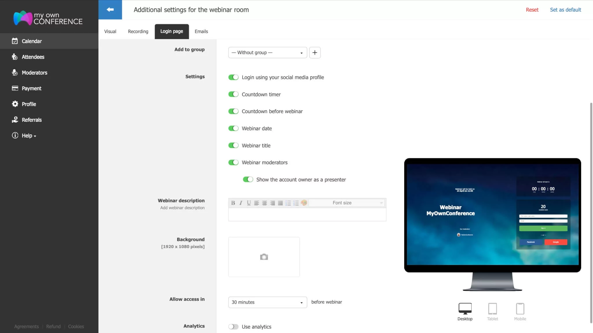 Registration page settings