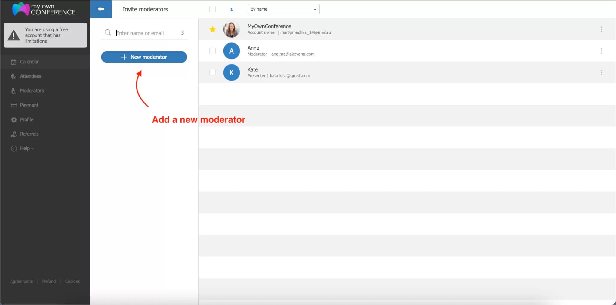 How to Add a New Moderator in a Webinar on MyOwnConference Platform Screenshot showing how to add a new moderator in a webinar settings panel on MyOwnConference