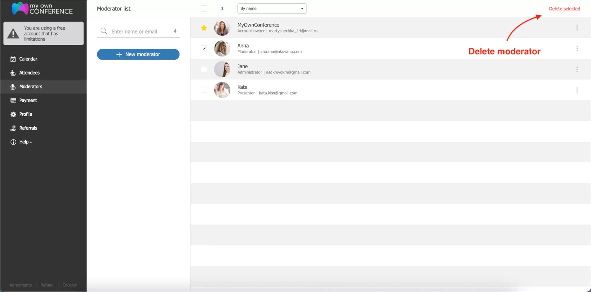 How to Remove a Moderator from a Webinar on MyOwnConference User interface showing how to delete a webinar moderator on the MyOwnConference platform