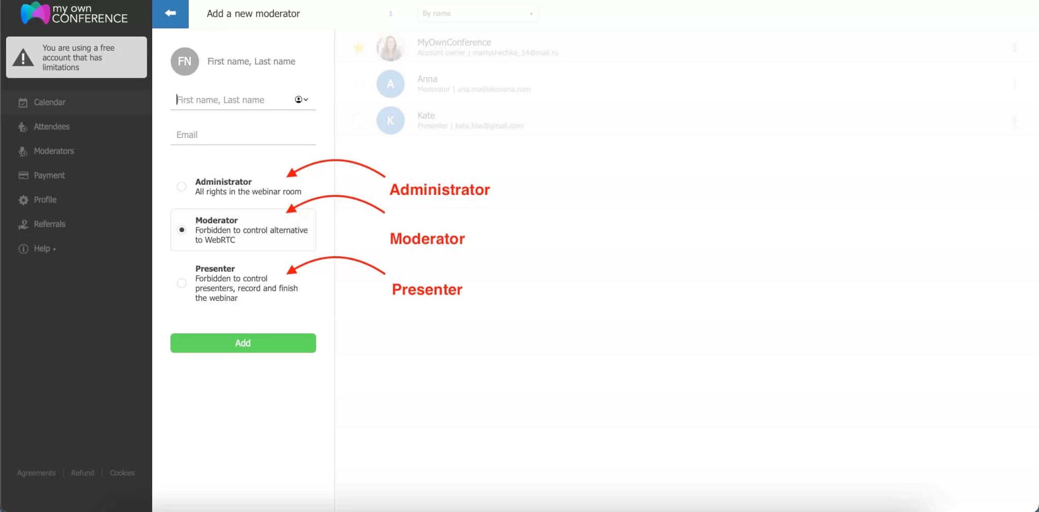 Moderator Functions During Live Webinars on MyOwnConference Dashboard showing moderator tools and controls used during a live webinar session