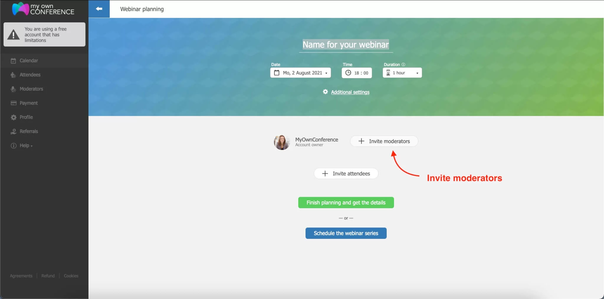 How to Invite Webinar Moderators and Co-Hosts in MyOwnConference Webinar interface showing how to invite moderators and co-hosts in MyOwnConference platform