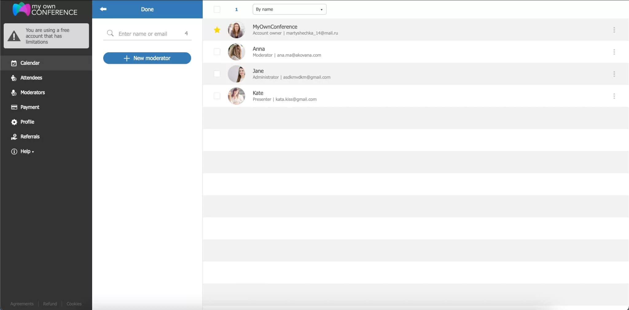 Webinar Moderators List and Roles Management Interface Webinar platform interface showing a list of moderators with names, photos, and assigned roles