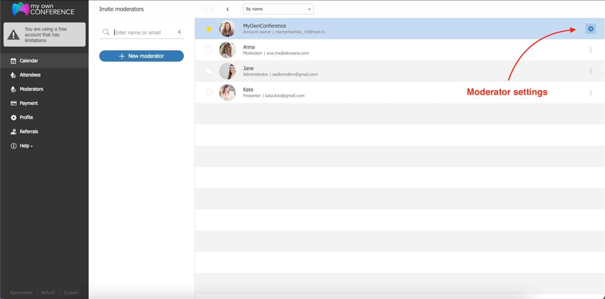 Moderator Settings Panel in MyOwnConference Webinar Platform Screenshot of the moderator control panel for managing webinar settings in MyOwnConference