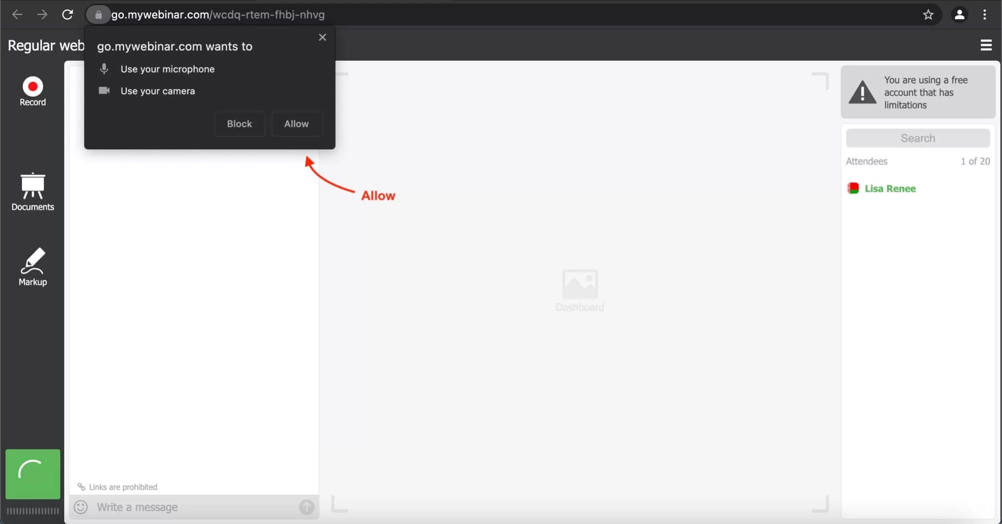 Browser permission, allow WebRTC access to your webcam and microphone Browser permission, allow WebRTC access to your webcam and microphone