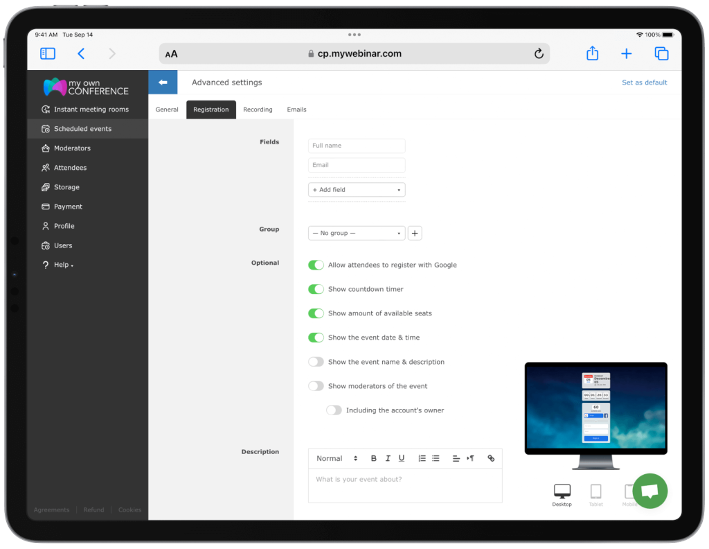 Create your webinar pages