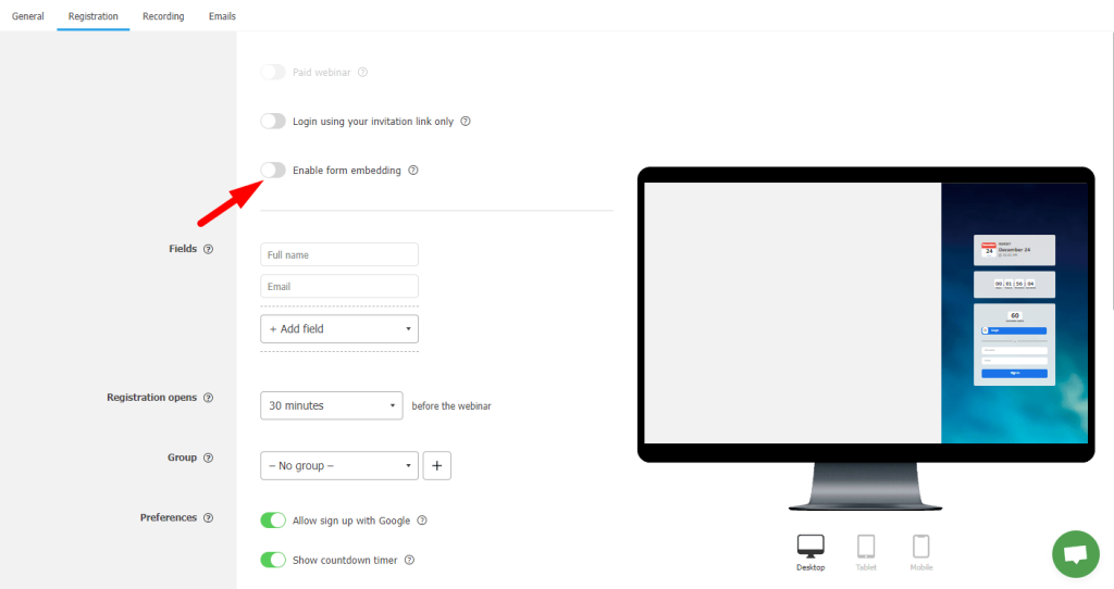 Landing page form embed code