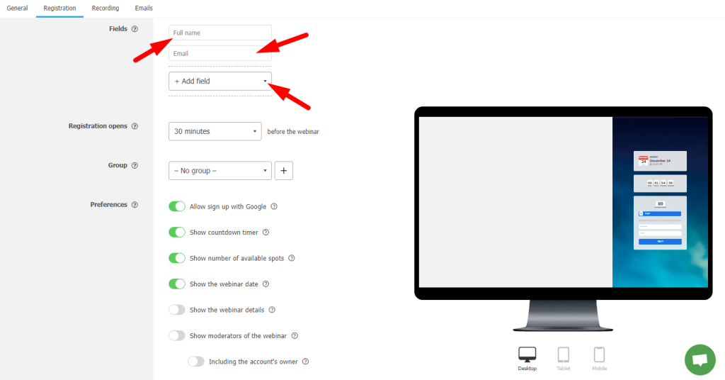 Landing page login form