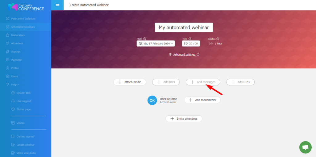 Add messages for your virtual attendees