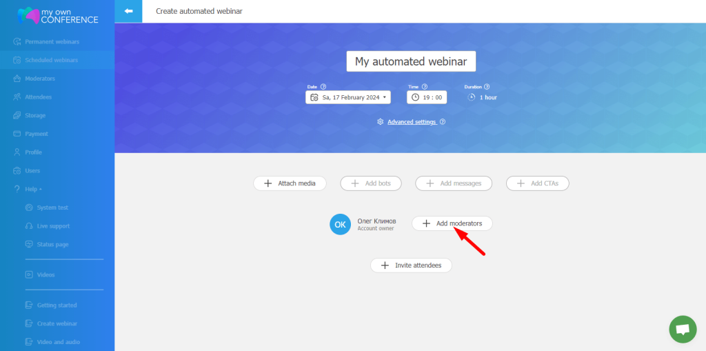 Add moderators to the webinar