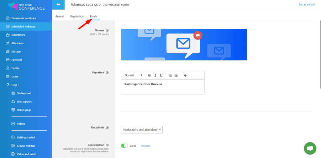 E-mail settings