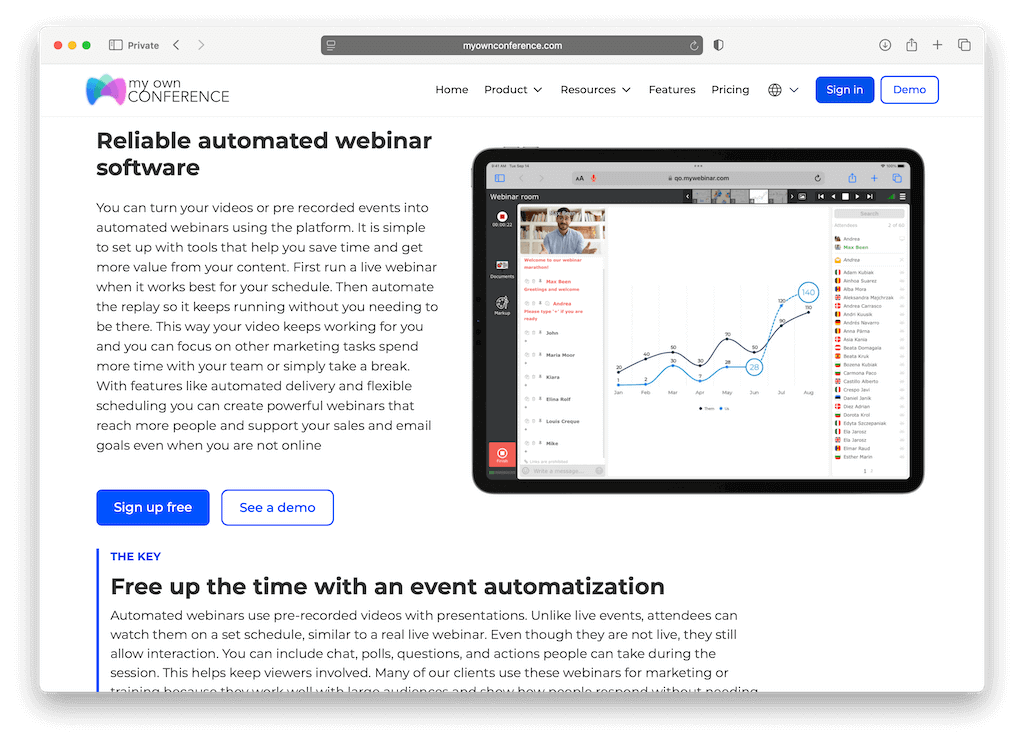 Automated webinar software interface showing replay analytics and chat features