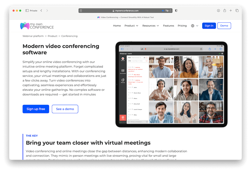 Modern video conferencing software interface showing a group video call with multiple participants on screen