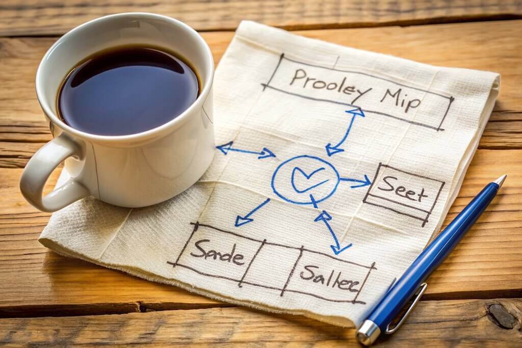 Coffee cup next to a napkin with a hand-drawn diagram for webinar content planning