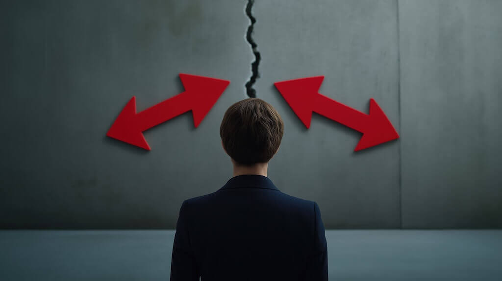 A person standing in front of a wall split by a crack with arrows pointing in two directions