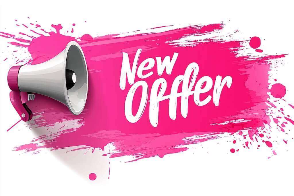 Megaphone with the text “New Offer” on a vibrant pink background, symbolizing webinar promotion