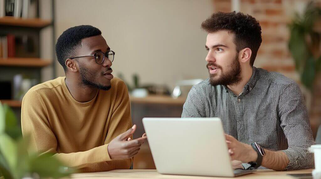Two professionals discussing a webinar strategy on a laptop