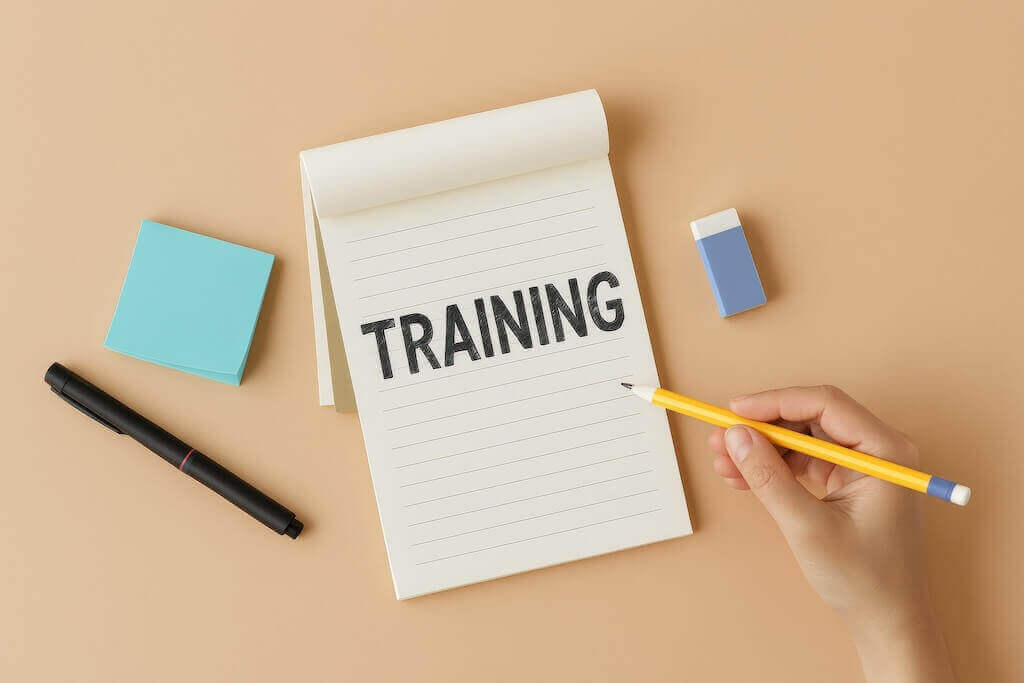 Notebook with the word “Training” and writing tools on a desk