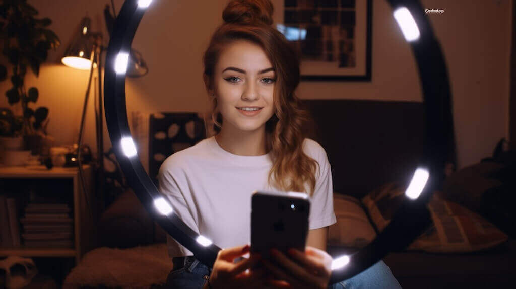 Setting up lighting for a webinar at home Woman with a phone and ring light preparing for a webinar