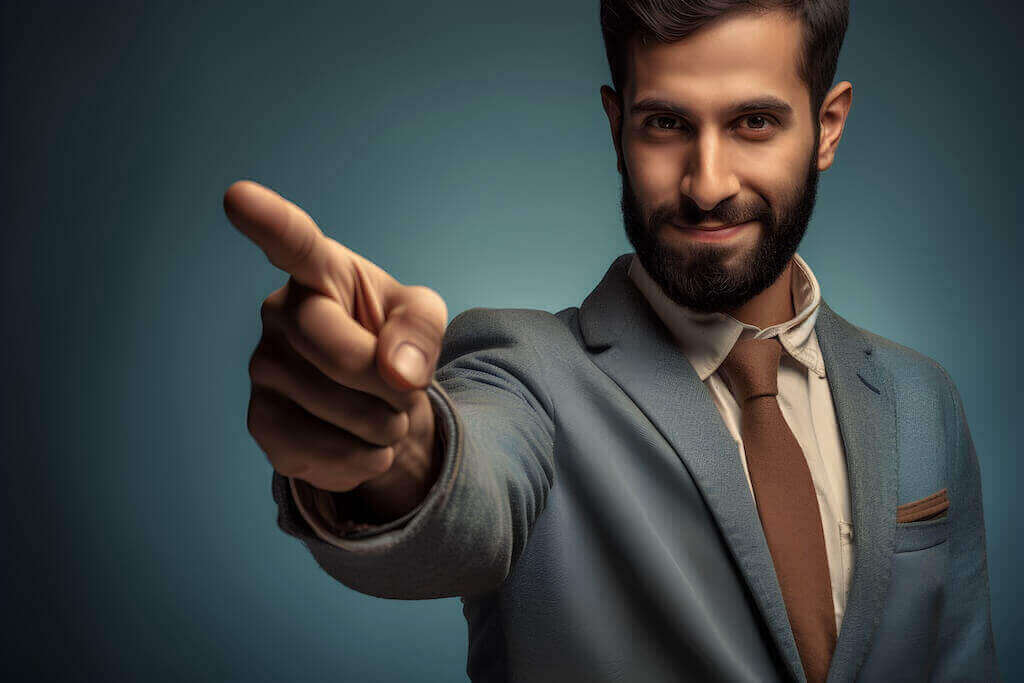 Why making a clear call to action during your webinar boosts results Confident businessman pointing forward symbolizing a strong webinar call to action
