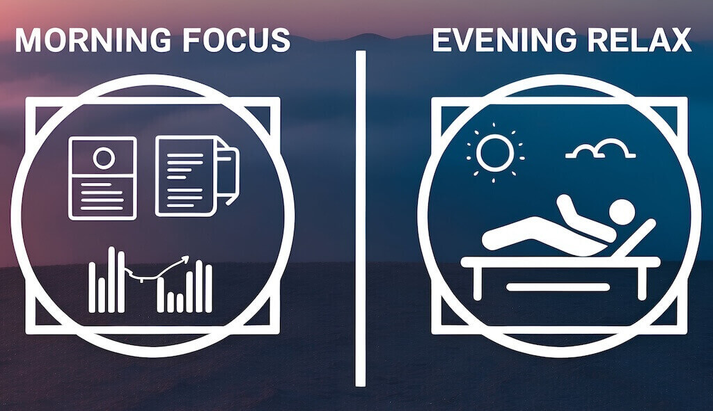 Visual comparison of morning focus and evening relaxation, highlighting the importance of webinar timing