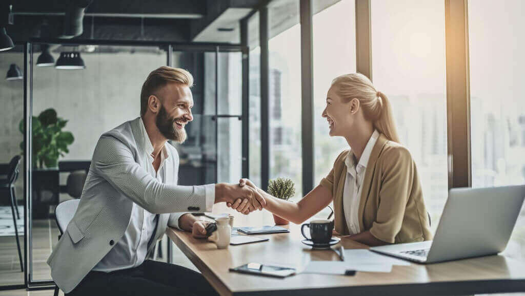 Boost your webinar visibility through strategic partnerships and collaborations Two business professionals shaking hands in a modern office, symbolizing partnership in webinar promotion