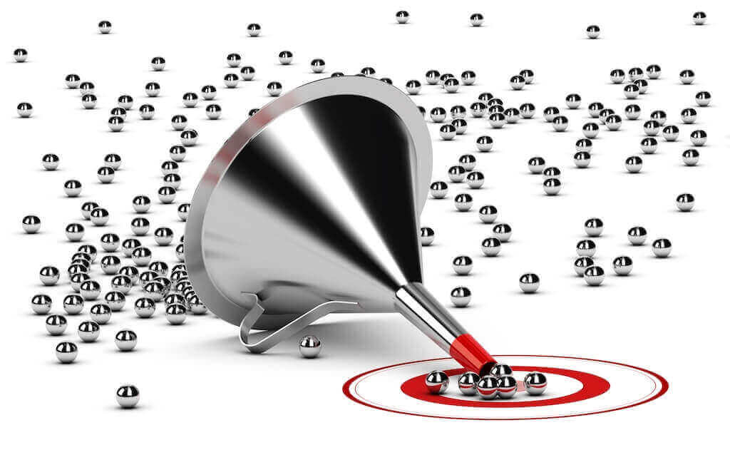 Webinar promotion funnel focusing audience toward registration and attendance Metal funnel directing scattered balls to a red target, symbolizing focused webinar promotion strategy