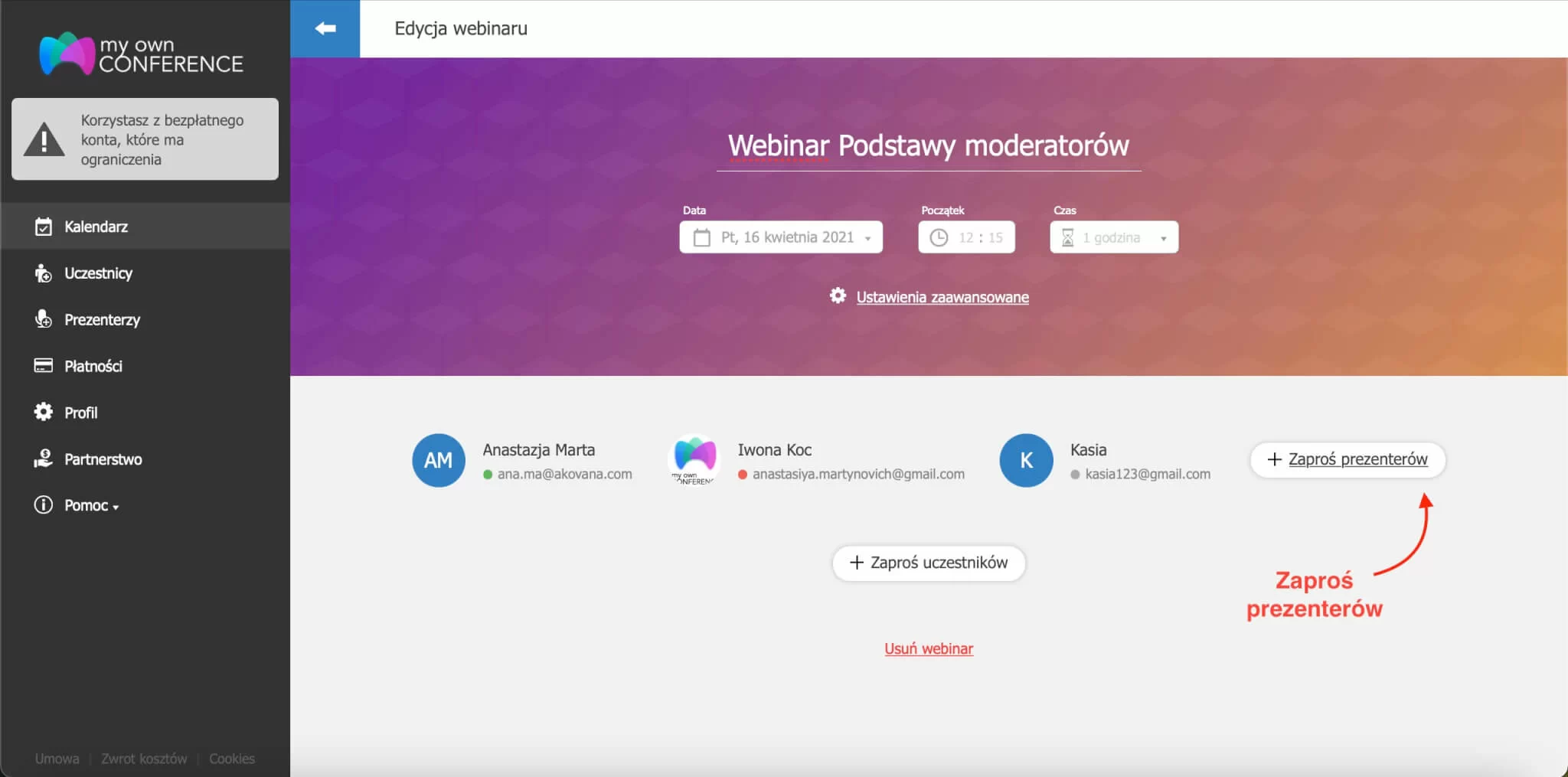 zaproszenie hostów na wideokonferencję
