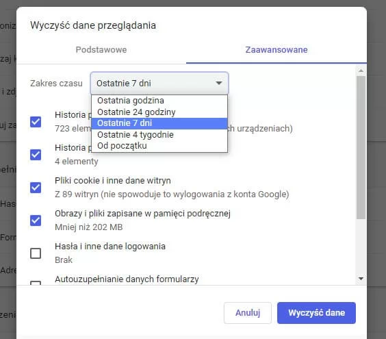 Ustawienia czyszczenia cache