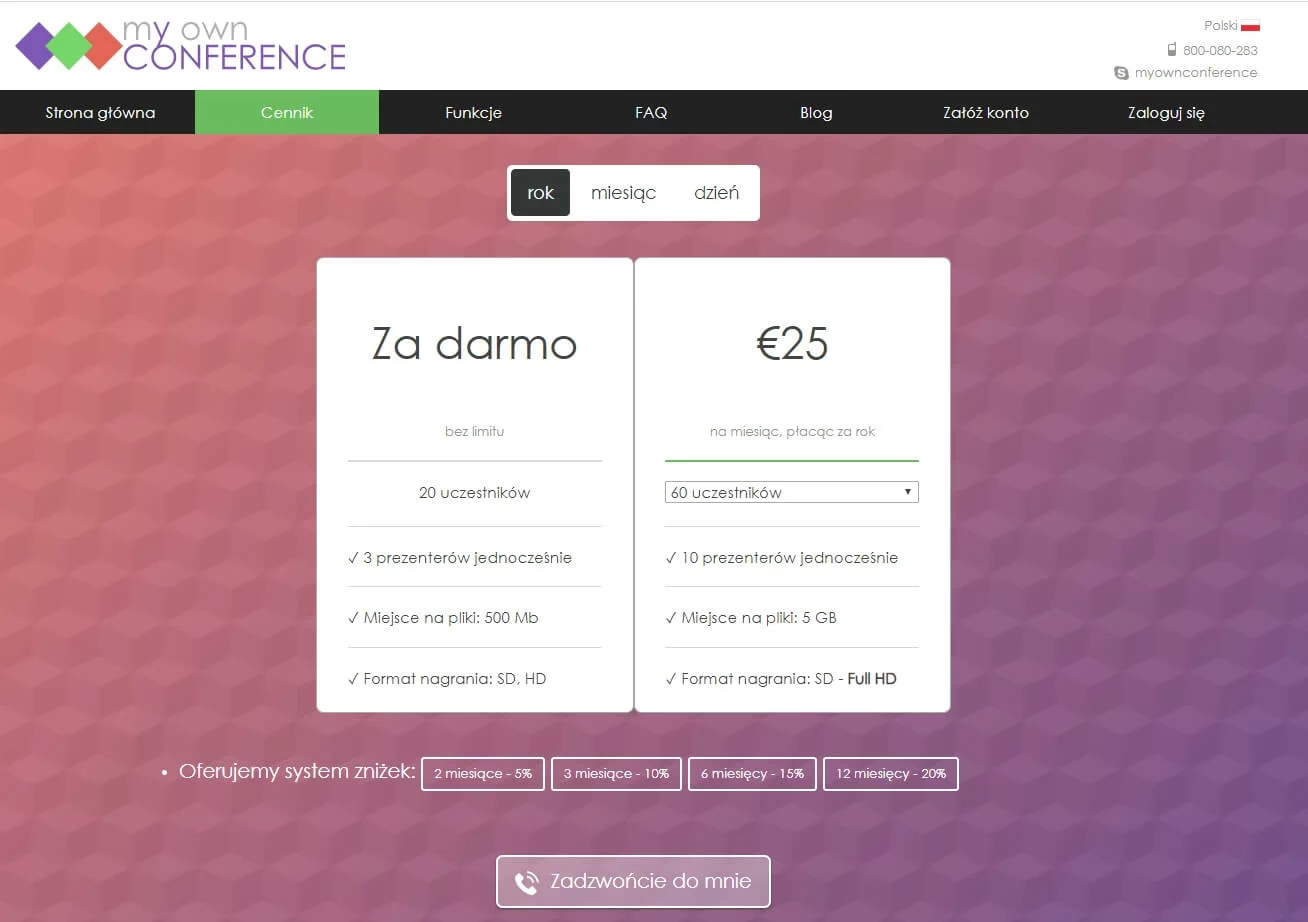 Cennik programu do e-learningu MyOwnConference