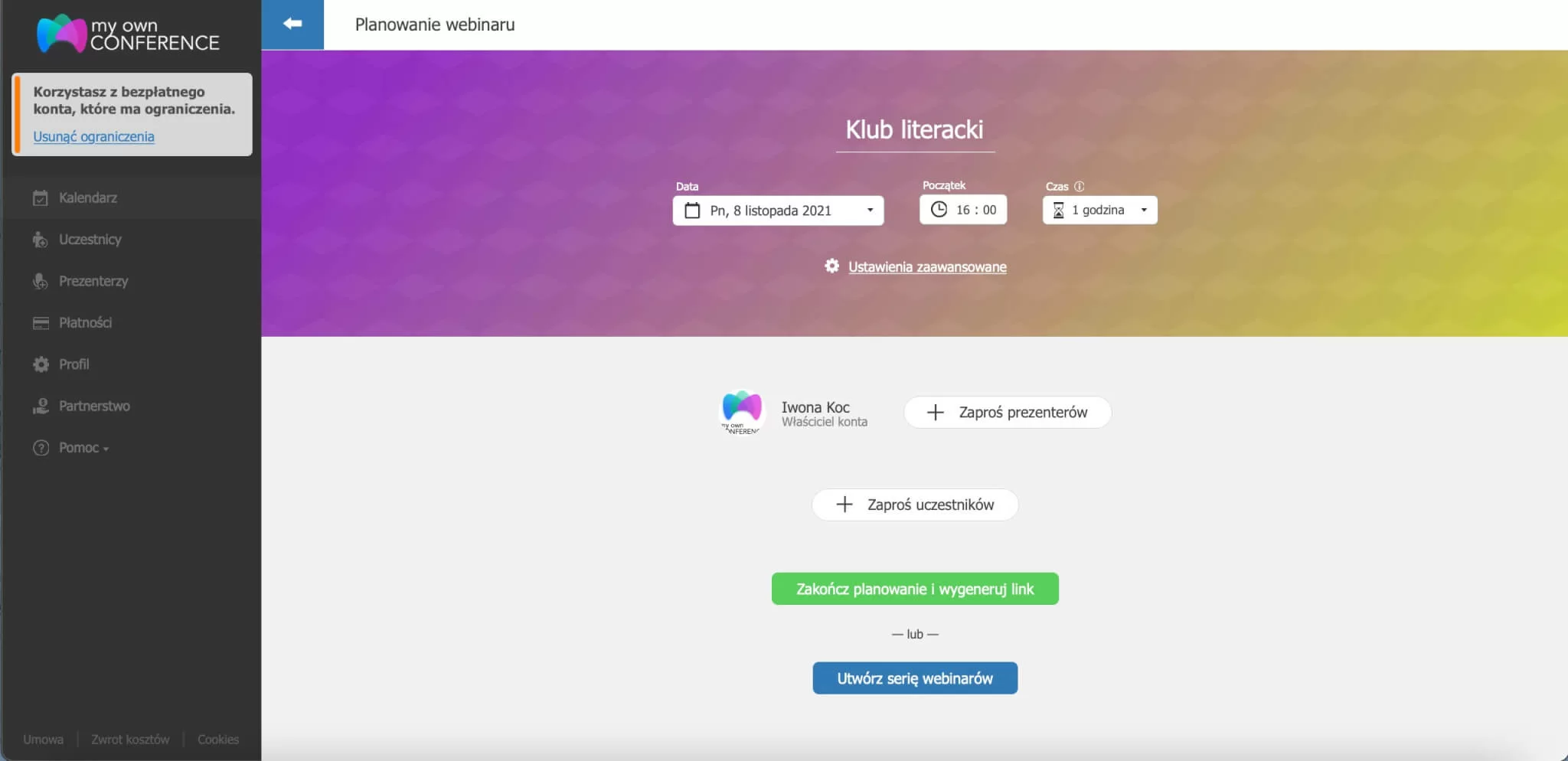 Planowanie webinaru