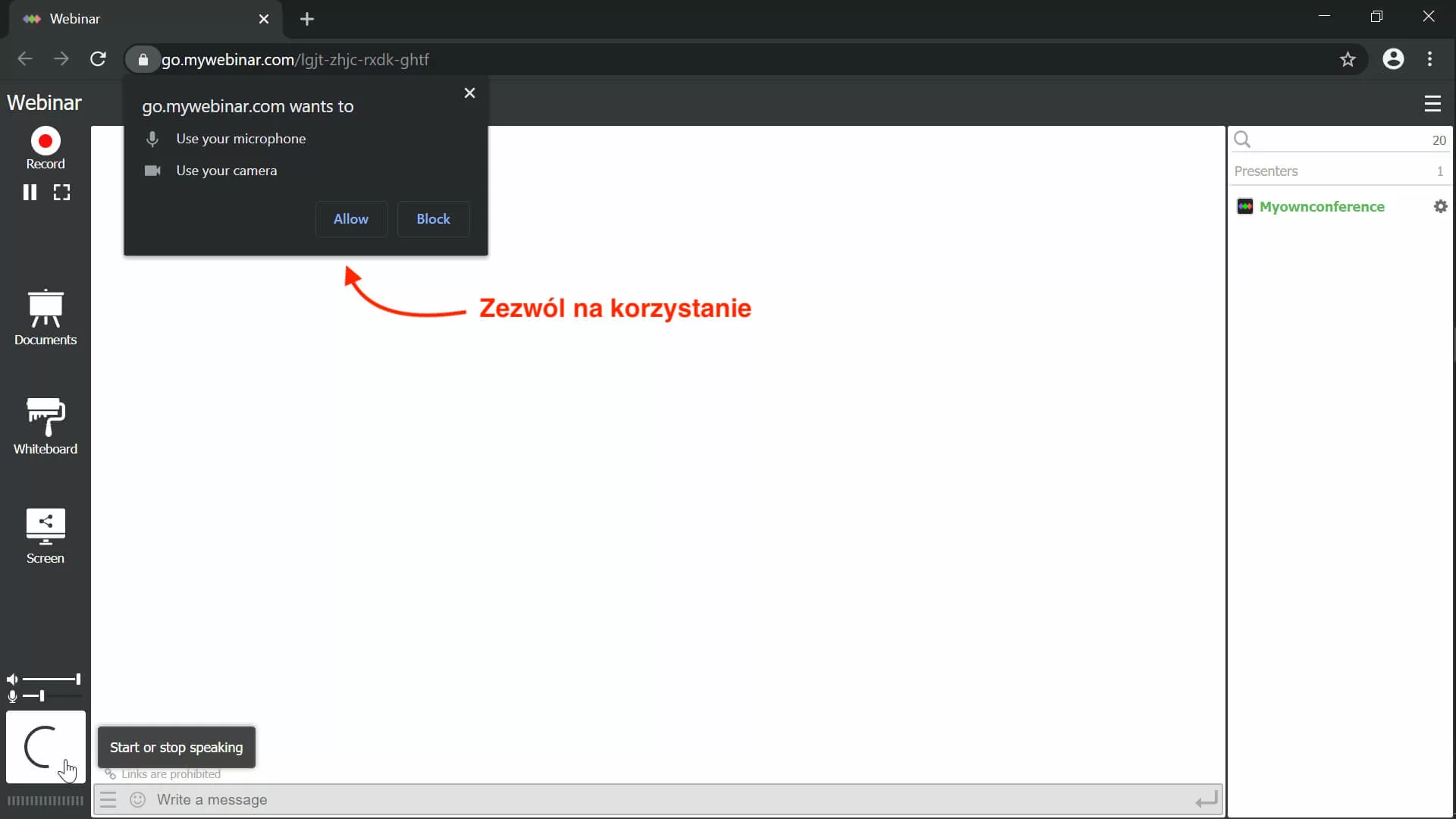 Pozwolenie na korzystanie z kamery i mikrofonu