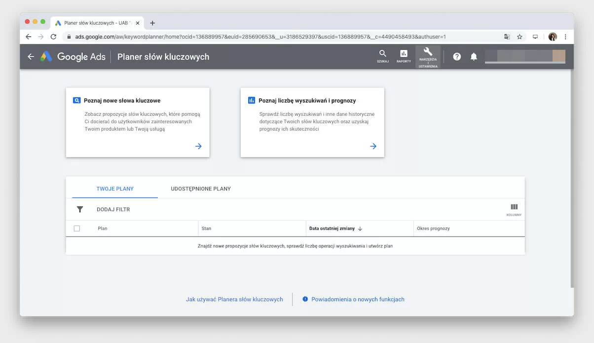 Planner słów kluczowych