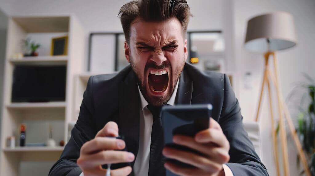 Frustracja uczestnika webinaru spowodowana problemami technicznymi Zdenerwowany mężczyzna w garniturze krzyczy, trzymając telefon – symbol frustracji wywołanej awariami technicznymi podczas webinaru